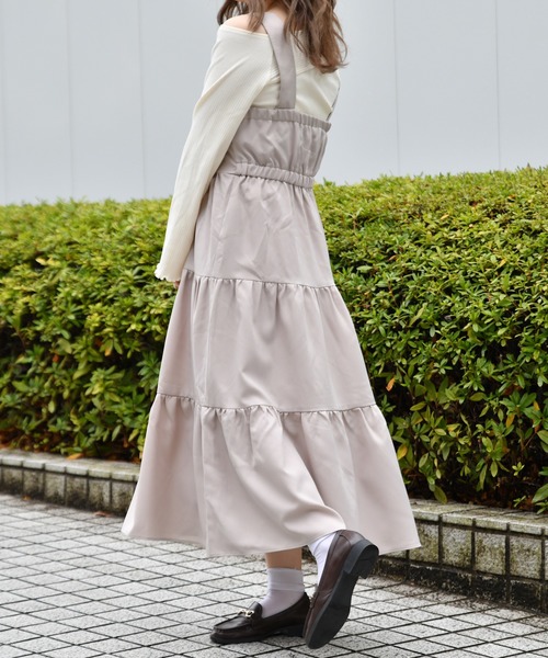 PairPair（ペアペア）の「無地＆花柄＆ドット柄ティアードジャンパースカート（ジャンパースカート・レディース・ブラック/ベージュ/モカ/ライトベージュ・FREE）」の6枚目の写真