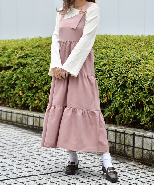 PairPair（ペアペア）の「無地＆花柄＆ドット柄ティアードジャンパースカート（ジャンパースカート・レディース・ブラック/ベージュ/モカ/ライトベージュ・FREE）」の8枚目の写真