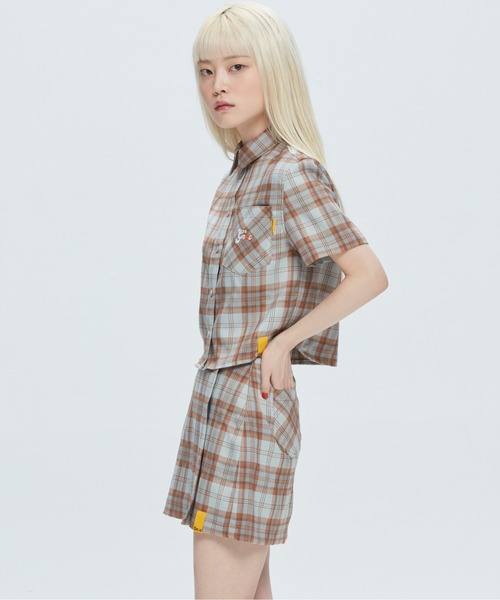 ROMANTIC CROWN（ロマンティッククラウン）の「【GNAC / ROMANTIC CROWN】GNAC CHECK HALF SHIRT / ジーナック ロマンティッククラウン チェック ハーフ シャツ（シャツ/ブラウス・レディース・グリーン/ブラウン/ピンク・MEDIUM/SMALL）」の4枚目の写真