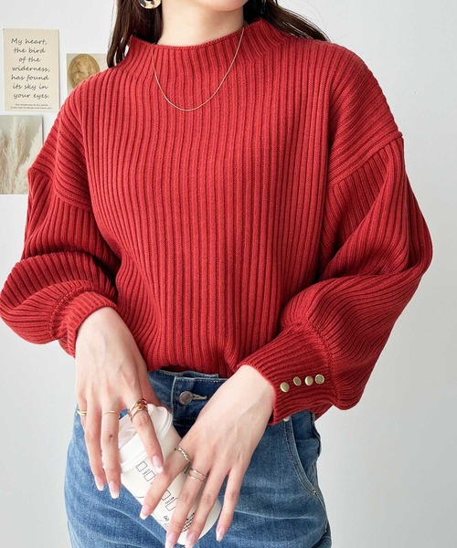 GeeRA（ジーラ）の「袖ボタンボトルネックリブニット（ニット/セーター・レディース・オフホワイト/ブラック/テラコッタ/パープル/ベージュ/パープル系その他/ブルー・LARGE/XX-LARGE/X-LARGE/MEDIUM）」の14枚目の写真