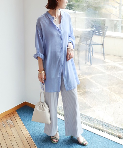 andme(アンドミー)の「シアーガーゼ長袖バンドカラーシャツブラウス(シャツ/ブラウス・レディース・キナリ/ベージュ/ブルー・M)」の7枚目の写真