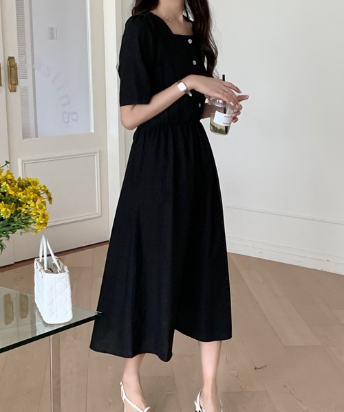 セール】ウエストベルト付きスクエアネック ロングシャツ