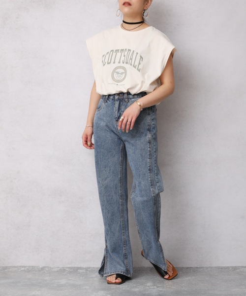 Bonjour Sagan（ボンジュールサガン）の「カレッジプリントTシャツ/フレンチスリーブプルオーバー【ZOZO限定アイテム】（Tシャツ/カットソー・レディース・スミクロ/オレンジ/アイボリー/オートミール/ブルー・FREE）」の17枚目の写真