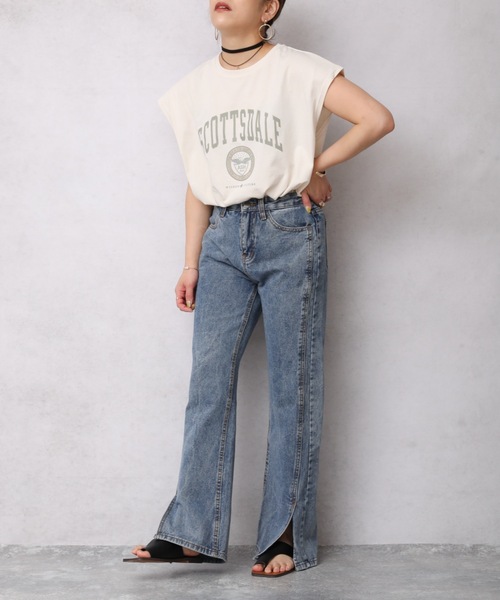 Bonjour Sagan（ボンジュールサガン）の「カレッジプリントTシャツ/フレンチスリーブプルオーバー【ZOZO限定アイテム】（Tシャツ/カットソー・レディース・スミクロ/オレンジ/アイボリー/オートミール/ブルー・FREE）」の18枚目の写真