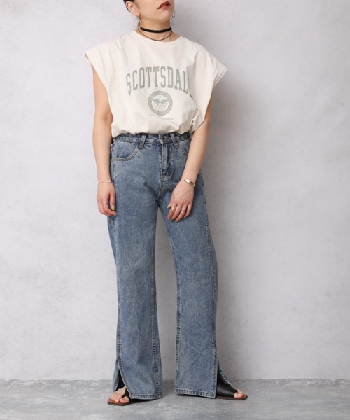 Bonjour Sagan（ボンジュールサガン）の「カレッジプリントTシャツ/フレンチスリーブプルオーバー【ZOZO限定アイテム】（Tシャツ/カットソー・レディース・スミクロ/オレンジ/アイボリー/オートミール/ブルー・FREE）」の14枚目の写真