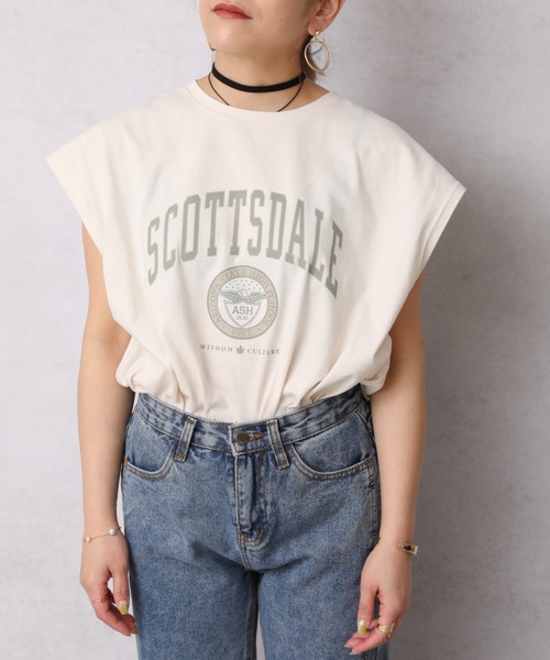 Bonjour Sagan（ボンジュールサガン）の「カレッジプリントTシャツ/フレンチスリーブプルオーバー【ZOZO限定アイテム】（Tシャツ/カットソー・レディース・スミクロ/オレンジ/アイボリー/オートミール/ブルー・FREE）」の7枚目の写真