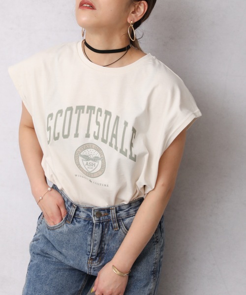 Bonjour Sagan（ボンジュールサガン）の「カレッジプリントTシャツ/フレンチスリーブプルオーバー【ZOZO限定アイテム】（Tシャツ/カットソー・レディース・スミクロ/オレンジ/アイボリー/オートミール/ブルー・FREE）」の6枚目の写真