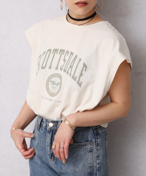 Bonjour Sagan（ボンジュールサガン）の「カレッジプリントTシャツ/フレンチスリーブプルオーバー【ZOZO限定アイテム】（Tシャツ/カットソー・レディース・スミクロ/オレンジ/アイボリー/オートミール/ブルー・FREE）」の8枚目の写真