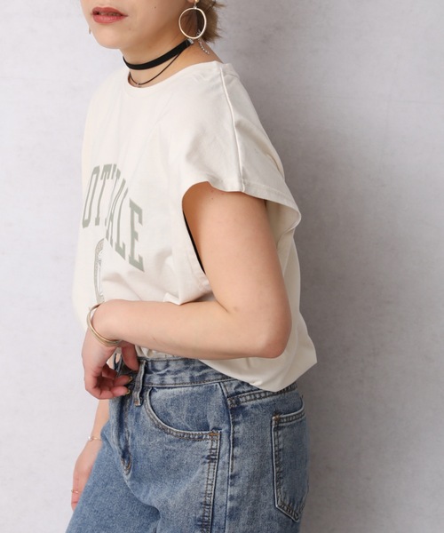 Bonjour Sagan（ボンジュールサガン）の「カレッジプリントTシャツ/フレンチスリーブプルオーバー【ZOZO限定アイテム】（Tシャツ/カットソー・レディース・スミクロ/オレンジ/アイボリー/オートミール/ブルー・FREE）」の10枚目の写真