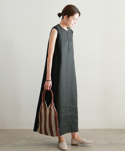 NOMBRE IMPAIR(ノンブルアンペール)の「ワーカーズリネンコンビ ノースリワンピース(ワンピース・レディース・ネイビー/チャコールグレー・FREE)」の7枚目の写真