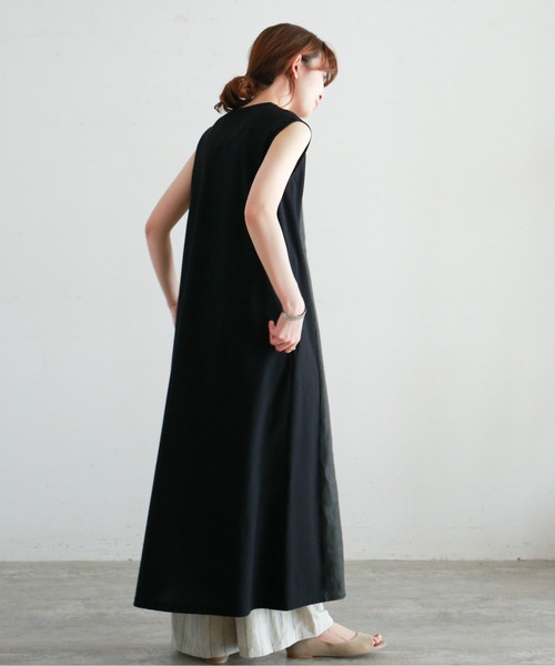 NOMBRE IMPAIR(ノンブルアンペール)の「ワーカーズリネンコンビ ノースリワンピース(ワンピース・レディース・ネイビー/チャコールグレー・FREE)」の4枚目の写真