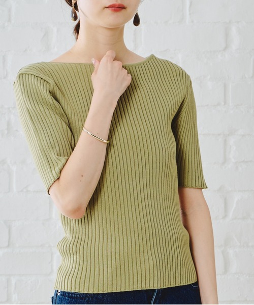 acro（アクロ）の「5分袖ボートネックベーシックリブニット/AC1133（ニット/セーター・レディース・ブラック/ベージュ/グレー/イエロー/ブルー/グリーン・ﾌﾘ-）」の5枚目の写真