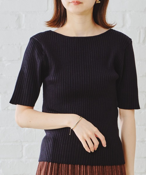 acro（アクロ）の「5分袖ボートネックベーシックリブニット/AC1133（ニット/セーター・レディース・ブラック/ベージュ/グレー/イエロー/ブルー/グリーン・ﾌﾘ-）」の2枚目の写真