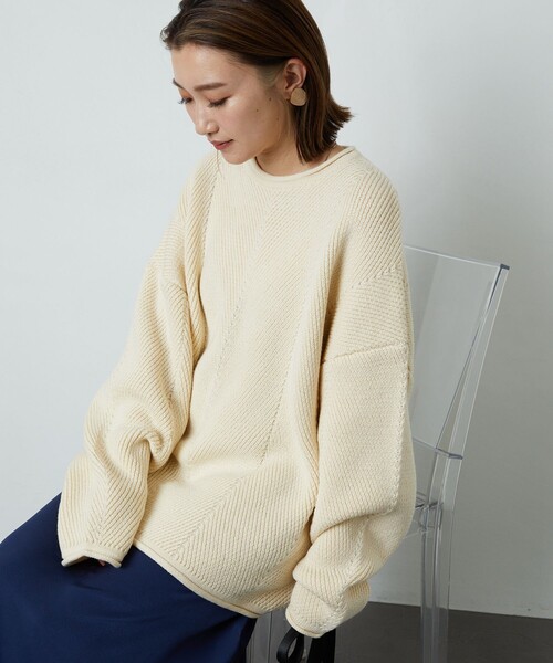 FREAK'S STORE（フリークスストア）の「▽【WEB限定】ヘリンボーンロールネックニット（ニット/セーター・レディース・ナチュラル/オリーブ/ブラック/ブラウン/イエロー/グリーン/ブルー/ラベンダー・ﾌﾘ-）」の4枚目の写真