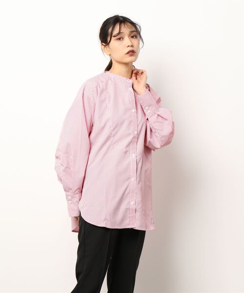 STYLEBLOCK(スタイルブロック)の「先染めストライプブザム切替ブラウス(シャツ/ブラウス・レディース・ピンク/ネイビー/ブラック/レッド/グリーン/ライトブルー・M)」の6枚目の写真