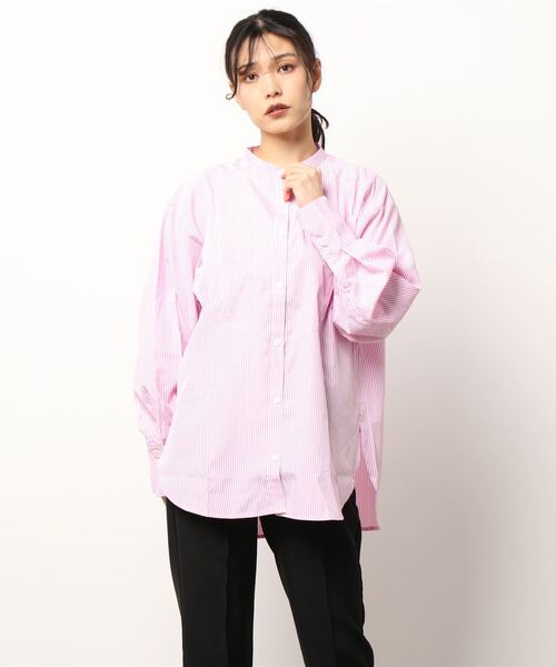 STYLEBLOCK(スタイルブロック)の「先染めストライプブザム切替ブラウス(シャツ/ブラウス・レディース・ピンク/ネイビー/ブラック/レッド/グリーン/ライトブルー・M)」の5枚目の写真