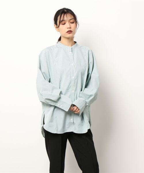 STYLEBLOCK(スタイルブロック)の「先染めストライプブザム切替ブラウス(シャツ/ブラウス・レディース・ピンク/ネイビー/ブラック/レッド/グリーン/ライトブルー・M)」の2枚目の写真
