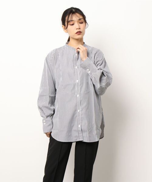 STYLEBLOCK(スタイルブロック)の「先染めストライプブザム切替ブラウス(シャツ/ブラウス・レディース・ピンク/ネイビー/ブラック/レッド/グリーン/ライトブルー・M)」の1枚目の写真