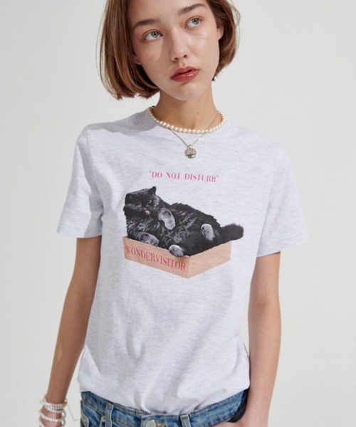 WONDER VISITOR(ワンダービジター)の「WONDER VISITOR/BoxCat T 2276918(Tシャツ/カットソー・レディース・ホワイト/ライトグレー・FREE)」の1枚目の写真