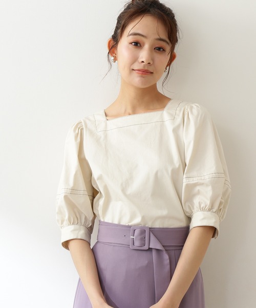 N.（N. Natural Beauty Basic）（エヌエヌナチュラルビューティーベーシック）の「◆配色ステッチスクエアネックブラウス（シャツ/ブラウス・レディース・パープル/オフホワイト/インディゴブルー・MEDIUM）」の2枚目の写真