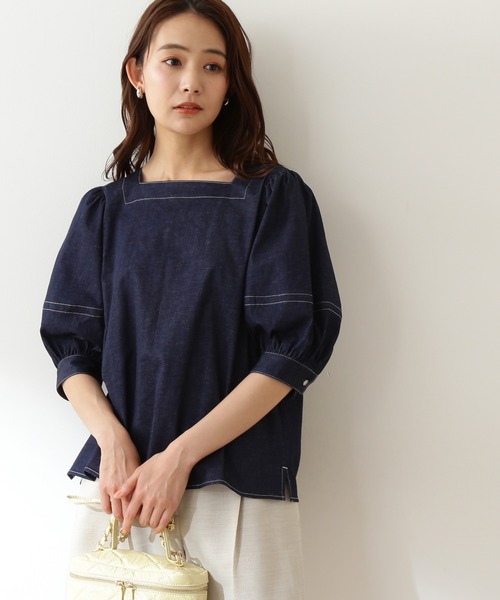 N.（N. Natural Beauty Basic）（エヌエヌナチュラルビューティーベーシック）の「◆配色ステッチスクエアネックブラウス（シャツ/ブラウス・レディース・パープル/オフホワイト/インディゴブルー・MEDIUM）」の3枚目の写真