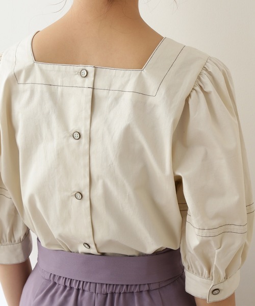 N.（N. Natural Beauty Basic）（エヌエヌナチュラルビューティーベーシック）の「◆配色ステッチスクエアネックブラウス（シャツ/ブラウス・レディース・パープル/オフホワイト/インディゴブルー・MEDIUM）」の8枚目の写真