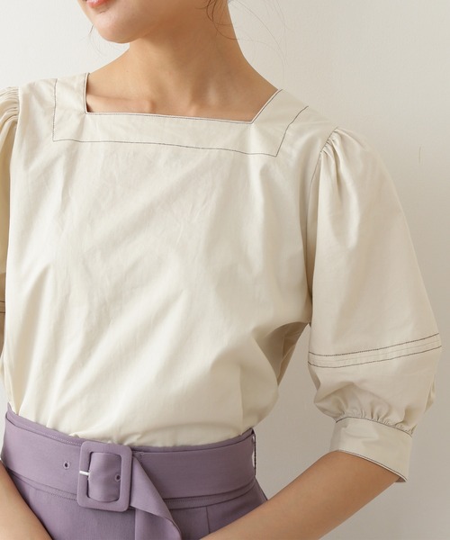 N.（N. Natural Beauty Basic）（エヌエヌナチュラルビューティーベーシック）の「◆配色ステッチスクエアネックブラウス（シャツ/ブラウス・レディース・パープル/オフホワイト/インディゴブルー・MEDIUM）」の12枚目の写真