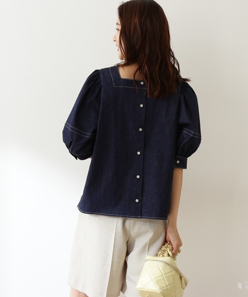 N.（N. Natural Beauty Basic）（エヌエヌナチュラルビューティーベーシック）の「◆配色ステッチスクエアネックブラウス（シャツ/ブラウス・レディース・パープル/オフホワイト/インディゴブルー・MEDIUM）」の5枚目の写真