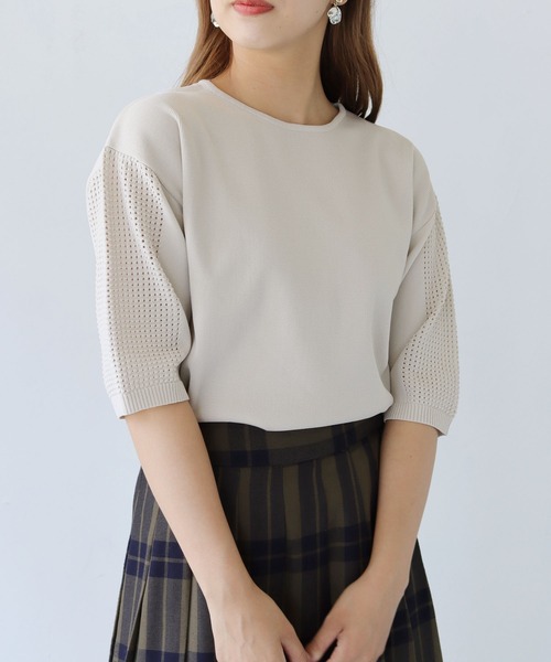 HER CLOSET(ハークローゼット)の「【shemoshelly】ダンボールKNITメッシュ袖プルオーバー(ニット/セーター・レディース・ブラック/グリーン/モカ/オートミール/コーラルピンク・M)」の1枚目の写真