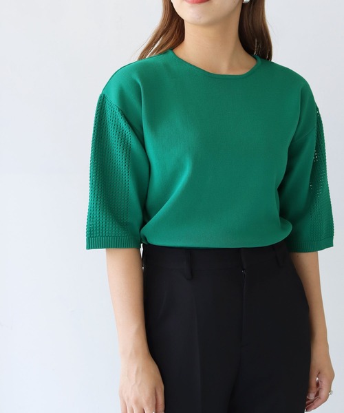 HER CLOSET(ハークローゼット)の「【shemoshelly】ダンボールKNITメッシュ袖プルオーバー(ニット/セーター・レディース・ブラック/グリーン/モカ/オートミール/コーラルピンク・M)」の5枚目の写真
