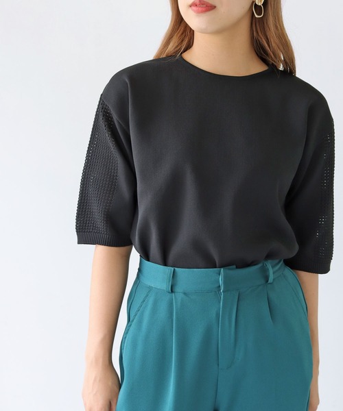 HER CLOSET(ハークローゼット)の「【shemoshelly】ダンボールKNITメッシュ袖プルオーバー(ニット/セーター・レディース・ブラック/グリーン/モカ/オートミール/コーラルピンク・M)」の3枚目の写真