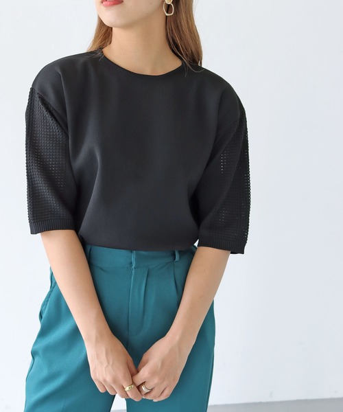 HER CLOSET(ハークローゼット)の「【shemoshelly】ダンボールKNITメッシュ袖プルオーバー(ニット/セーター・レディース・ブラック/グリーン/モカ/オートミール/コーラルピンク・M)」の6枚目の写真