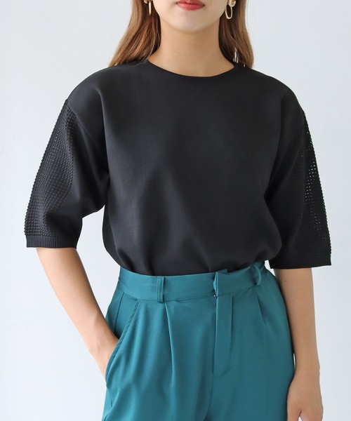 HER CLOSET(ハークローゼット)の「【shemoshelly】ダンボールKNITメッシュ袖プルオーバー(ニット/セーター・レディース・ブラック/グリーン/モカ/オートミール/コーラルピンク・M)」の7枚目の写真