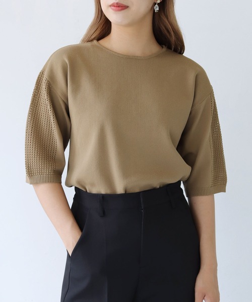 HER CLOSET(ハークローゼット)の「【shemoshelly】ダンボールKNITメッシュ袖プルオーバー(ニット/セーター・レディース・ブラック/グリーン/モカ/オートミール/コーラルピンク・M)」の13枚目の写真