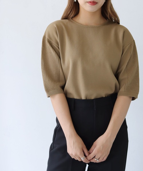 HER CLOSET(ハークローゼット)の「【shemoshelly】ダンボールKNITメッシュ袖プルオーバー(ニット/セーター・レディース・ブラック/グリーン/モカ/オートミール/コーラルピンク・M)」の12枚目の写真