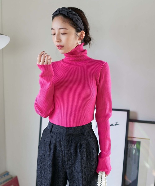 Cepica（セピカ）の「カラーリブタートルニットプルオーバー（ニット/セーター・レディース・ライム/オレンジ/ピンク/ブルー/グリーン・FREE）」の5枚目の写真