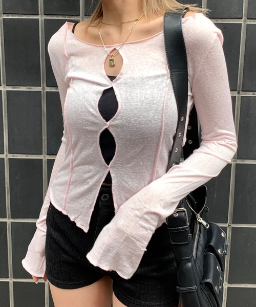 SHAGGIE（シャギー）の「ボートネックスラブフロントホールシアールーズトップス（Tシャツ/カットソー・レディース・イエロー/ブラック/ナチュラル/ピンク/チャコールグレー・FREE）」の5枚目の写真