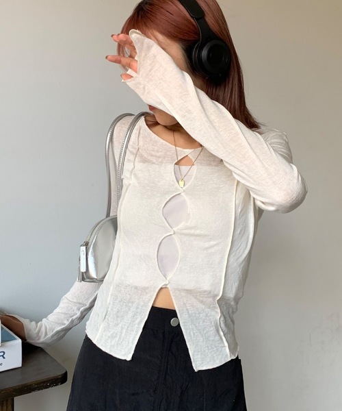 SHAGGIE（シャギー）の「ボートネックスラブフロントホールシアールーズトップス（Tシャツ/カットソー・レディース・イエロー/ブラック/ナチュラル/ピンク/チャコールグレー・FREE）」の18枚目の写真