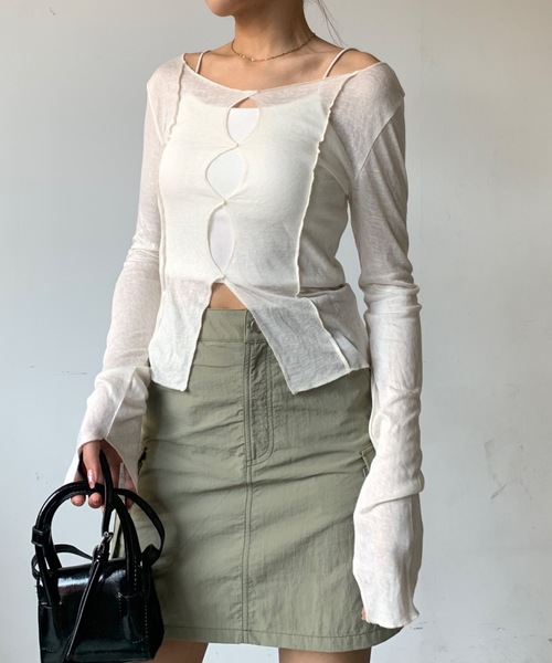 SHAGGIE（シャギー）の「ボートネックスラブフロントホールシアールーズトップス（Tシャツ/カットソー・レディース・イエロー/ブラック/ナチュラル/ピンク/チャコールグレー・FREE）」の13枚目の写真