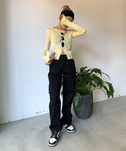 SHAGGIE（シャギー）の「ボートネックスラブフロントホールシアールーズトップス（Tシャツ/カットソー・レディース・イエロー/ブラック/ナチュラル/ピンク/チャコールグレー・FREE）」の9枚目の写真