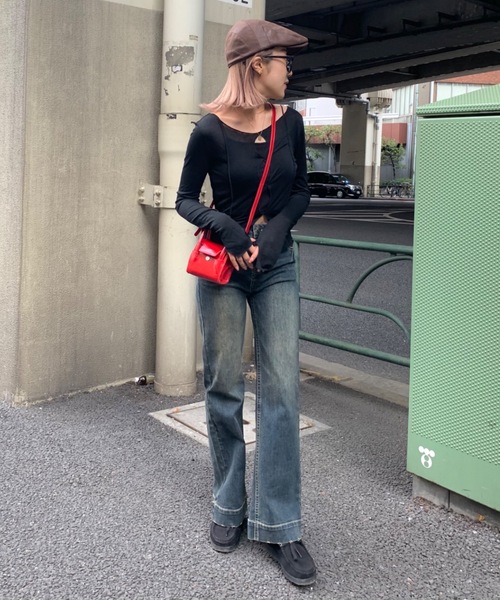 SHAGGIE（シャギー）の「ボートネックスラブフロントホールシアールーズトップス（Tシャツ/カットソー・レディース・イエロー/ブラック/ナチュラル/ピンク/チャコールグレー・FREE）」の6枚目の写真