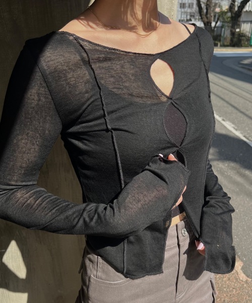 SHAGGIE（シャギー）の「ボートネックスラブフロントホールシアールーズトップス（Tシャツ/カットソー・レディース・イエロー/ブラック/ナチュラル/ピンク/チャコールグレー・FREE）」の21枚目の写真