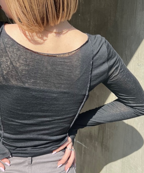 SHAGGIE（シャギー）の「ボートネックスラブフロントホールシアールーズトップス（Tシャツ/カットソー・レディース・イエロー/ブラック/ナチュラル/ピンク/チャコールグレー・FREE）」の22枚目の写真