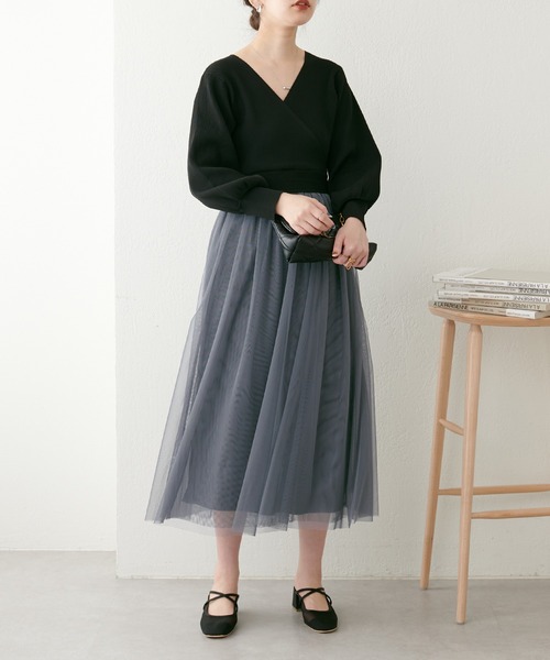 natural couture（ナチュラルクチュール）の「WEB限定/2サイズ展開/23SS/カシュクールニットチュールワンピース（ワンピース・レディース・グレイッシュベージュ/カーキ/ブラック・SMALL/MEDIUM）」の19枚目の写真