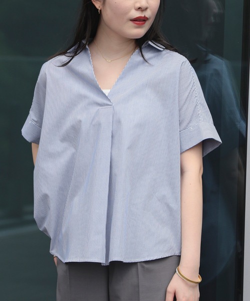 BEAMS HEART(ビームスハート)の「BEAMS HEART / スキッパー プルオーバーシャツ(シャツ/ブラウス・レディース・オフホワイト/ブルー/オレンジ/ストライプ・FREE)」の4枚目の写真