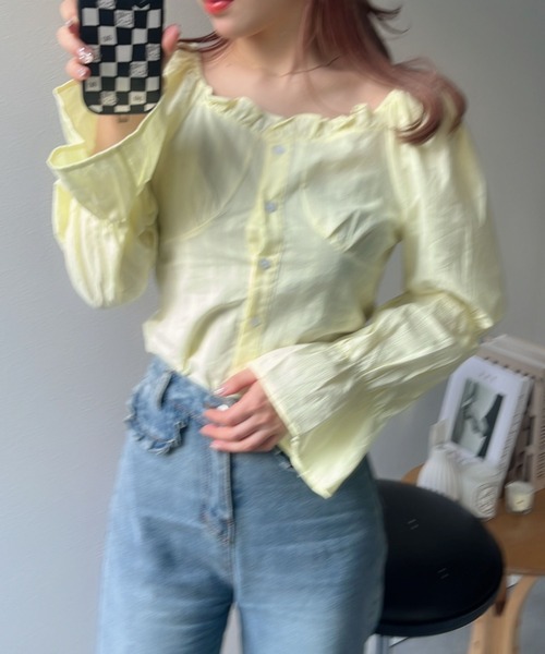 PINK HOUSE スクエアネック フリル ブラウス ライトブルー 半袖シャツ セール】スクエアネックフリルブラウス（シャツ/ブラウス）｜LAC-VERT