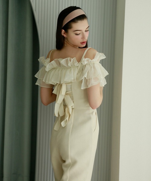 Seemi. byNICECLAUP（ シーミーバイナイスクラップ）の「【Seemi】シアーフリルポンチトップス（シャツ/ブラウス・レディース・ピンク/オフホワイト/ブラック・FREE）」の12枚目の写真