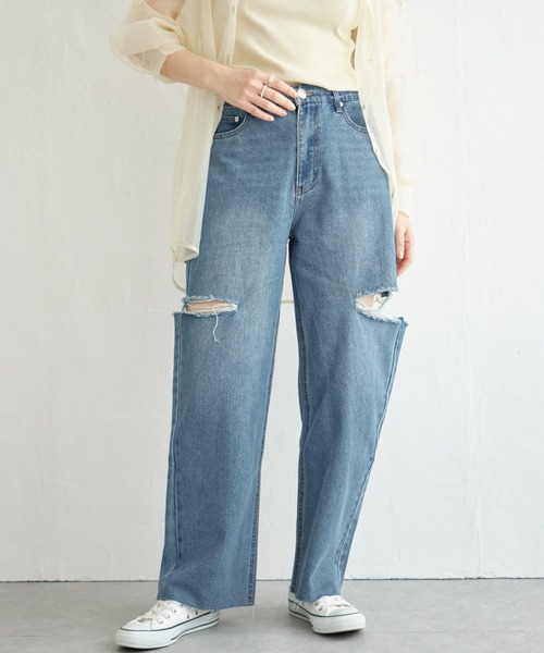 notch.(ノッチ)の「11ozデニムカットスリットパンツ(デニムパンツ・レディース・ライトブルー/ブラック/オフホワイト/ブルー・M)」の4枚目の写真