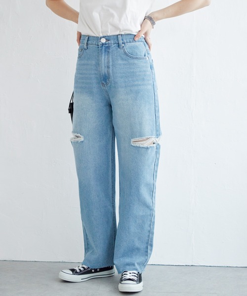 notch.(ノッチ)の「11ozデニムカットスリットパンツ(デニムパンツ・レディース・ライトブルー/ブラック/オフホワイト/ブルー・M)」の3枚目の写真