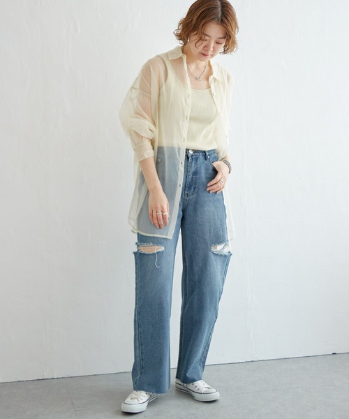 notch.(ノッチ)の「11ozデニムカットスリットパンツ(デニムパンツ・レディース・ライトブルー/ブラック/オフホワイト/ブルー・M)」の5枚目の写真